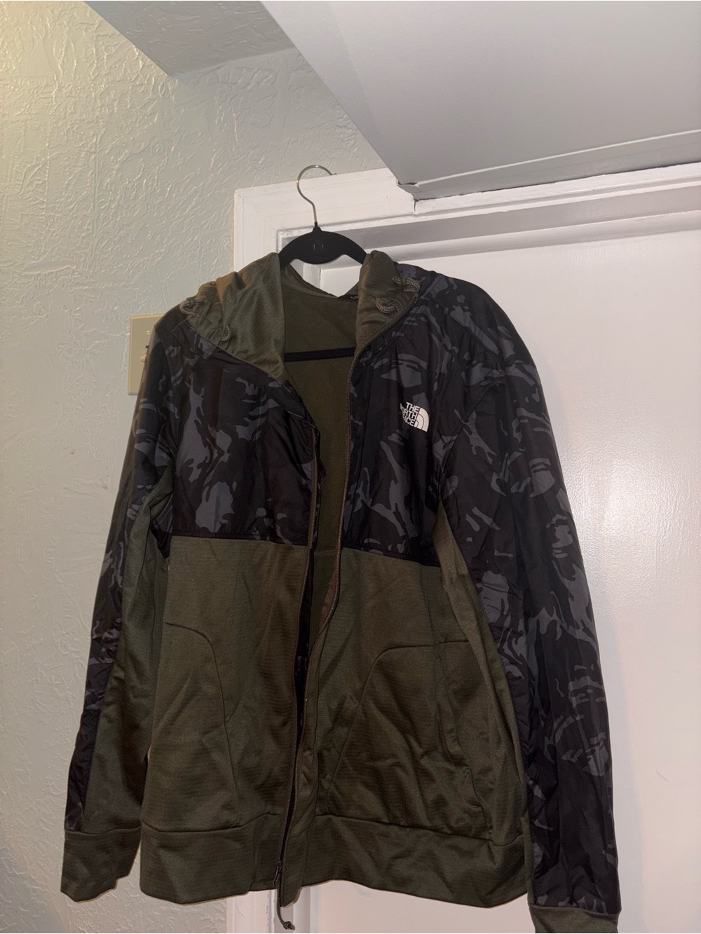 The North Face Olive Green & Black Camo Hooded Performance Jacket